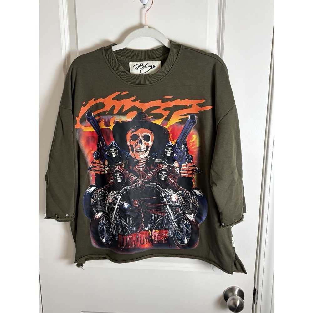 BKYS Graphic Sweatshirt Rhinestone Skull Flames Cropped, "Ride Or Die", Sz XLg